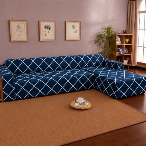 Image of Gifts Island Premium 160GSM Super Soft Peacock Grill Stretchable Sofa Cover L Shape 7 Seater Fully Covered | Suitable for Both Left and Right Side Chaise Sofa (Peacock Grill, 4+3 Seater)