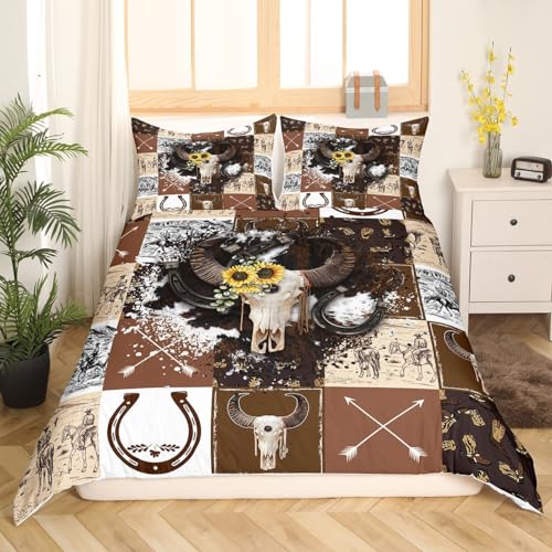 Cowboys Duvet Cover,Southwest Style Horseshoes Comforter Cover King,Retro Bull Skull Cowhide Bedspread Cover for Child Kids Boys Teens Farmhouse Theme Check Bedding Set for Bedroom Decor,No Comforter