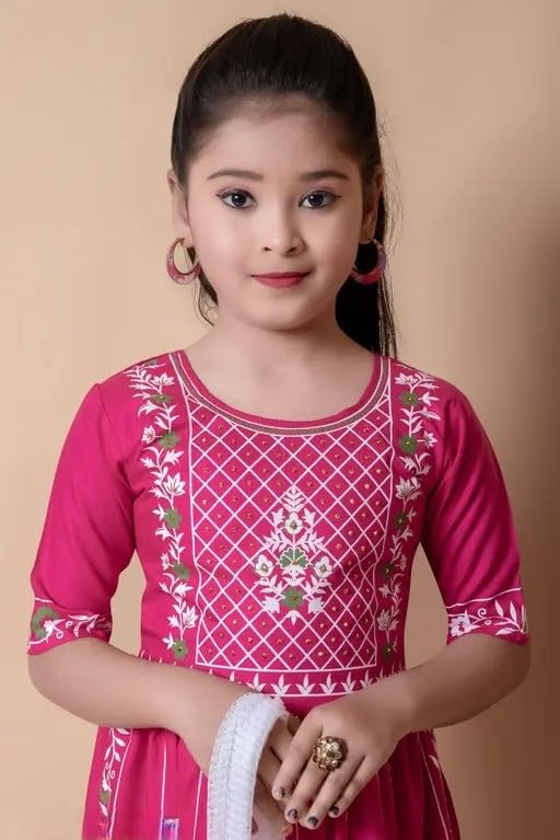Image of Girls Traditional Embroidered Kurta Palazzo Set, Green and White, Floral Design, Half Sleeves
