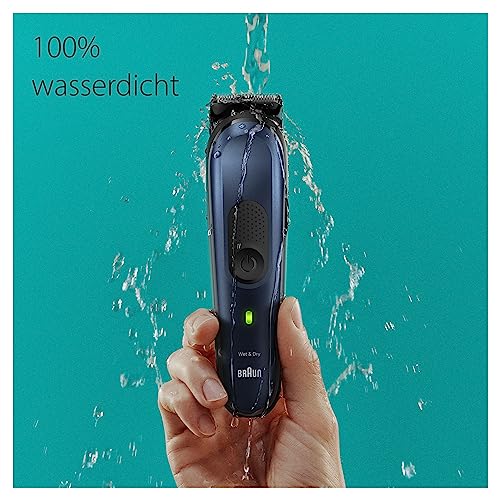 Braun All-In-One Trimmer-Set 7, 10-in-1 Multigroom, Barttrimmer, Nasenhaartrimmer, Haarschneidemaschine für Gesicht, Kopf und Körper, 100 Min. Akku, 14 Längen (3–21 mm), Wasserdicht, MGK7410, Blau