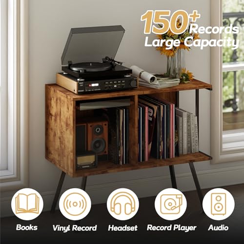 Image of Faesun Flip Top Record Player Stand, Large Turntable Stand Holds up to 150+ Albums, Vintage Mid Century Record Player Table, Stereo Cabinet with Open Storage, for Living Room, Bedroom, Rustic Brown