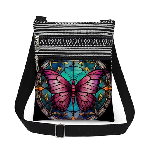 Stained-Glass Style Butterfly Crossbody Bag Women Adjustable Shoulder Strap Messenger Bag Men Travel Purse Birthday Gift Mother's Day Present​​ Christmas for Friend Nature Lover Adults