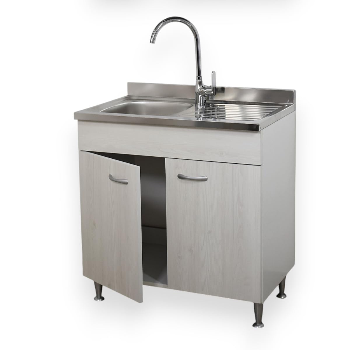 Yellowshop - Mobile cucina sottolavello a 2 ante cm 80 effetto legno frassino moire componibile con lavello inox e scolapiatti Basic (Sottolavello con lavello piano Dx)