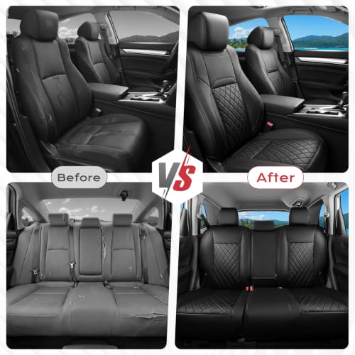 Image of Coverado Upgraded Full Set Leather Car Seat Covers, Custom Fit for Honda Accord 2018‑2022 EX, EX‑L, Touring, Sport, Hybrid, Waterproof Wear‑Resistant Auto Seat Protector Cushion, Black