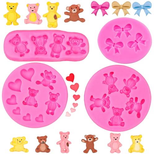 JIUDUOYUAN 4 PCS Bear Silicone Fondant Mold and 3D Butterfly Fondant Mold Heart Shaped Candy Chocolate Silicone Mold for Teddy Bear Cake Decoration Cupcake Topper Chocolate Bake Shape Tool