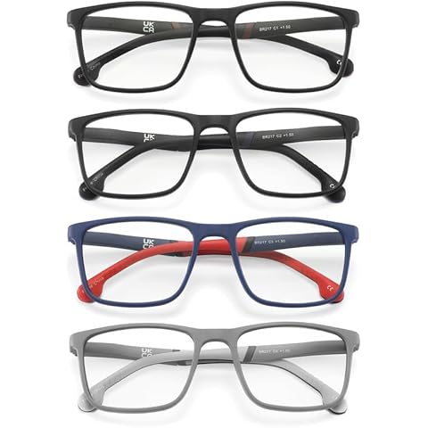 Yuluki 4 Pack Reading Glasses Blue Light Blocking,Classic Rectangular Frame Computer Readers with Spring Hinge for Men,Anti Glare Eyestrain Eyeglasses +1.0 Cover