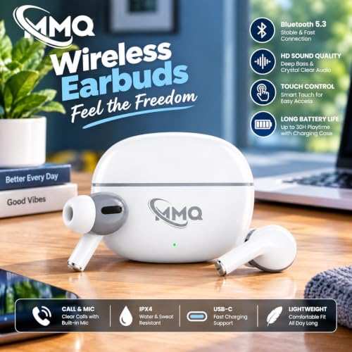 Image of MMQ Ear Buds Wireless Luckypod White Color with Bluetooth V 5.3.0 & with Type C Fast Charging, 90 Hours Playtime, Isolation & Clear Calls, Bluetooth Earbuds with IPX4.5 TWS Earphones