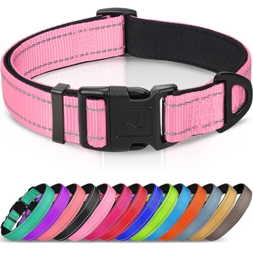 Image of Joytale Reflective Dog Collar, Adjustable Neoprene Padded, Pink S | Breathable Nylon for Small Dogs, No Chafing on Daily Walks and Training, Gentle on Neck, Secure Metal D-Ring, Night Safety