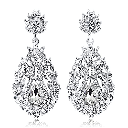 JWICOS Silver Floral Teardrop Wedding Bridal Earrings for Women Brides and Bridesmaids Chandelier Crystal Rhinestones Dangle Drop Earrings
