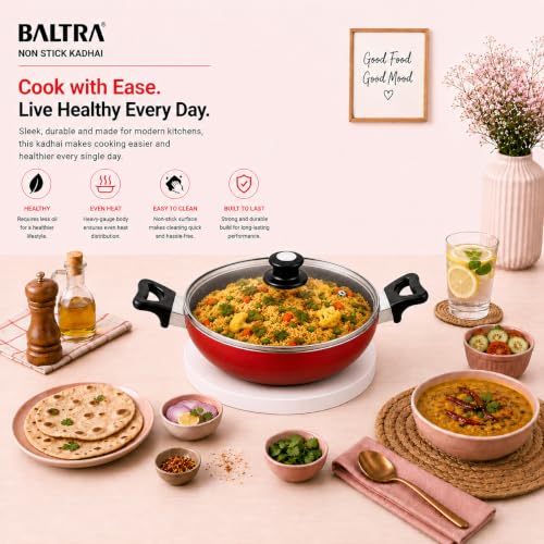Image of BALTRA 4.5L Nonstick Kadhai with Glass Lid | Induction Bottom, Marble Finish, Durable & Even Heating Cookware for Healthy Cooking Kadai 3mm Thick (28cm, Red)