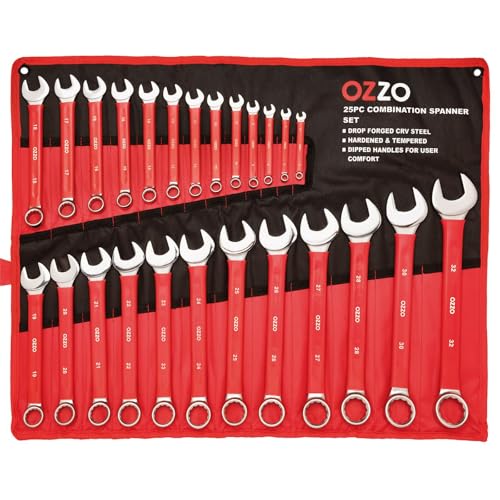 OZZO 25 Piece Combination Metric Spanner Set (6-32mm) | Open Ended & Ring Wrench Set with Storage Tool Roll | CRV Steel Heavy Duty Hand Tools | Soft Grip Dipped Handles