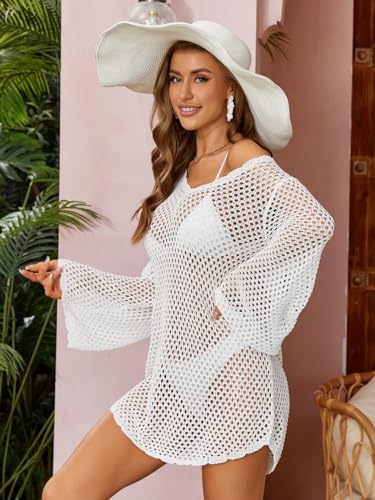 ATTRACO Beach Coverups for Women Beach Cover Up Crochet Dress Bikini Cover Up Solid Color Beach Shirt See Through Dress Beach Cover Ups White - Image 3