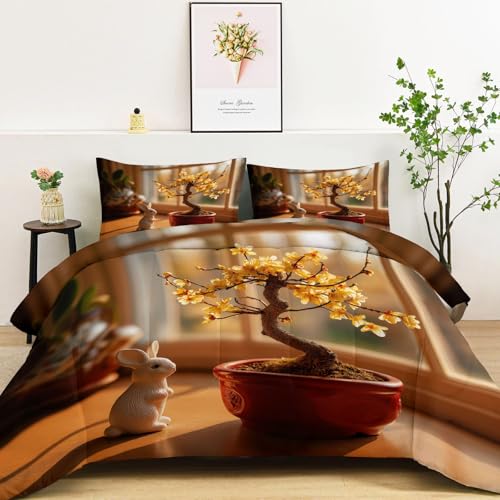 Image of 3 Pieces Yellow Coverless Duvet Super King, Easter Bunnies Apricot Trees Coverless Quilt Comforter with Pillowcase - Reversible Bedding All Season Quilt Girls Boys - Machine Washable 260 x 220 cm