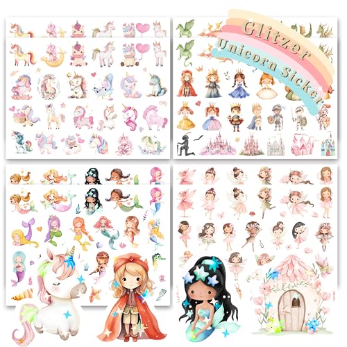 FloraVigo 8 Stück Feen-Glitzeraufkleber mit Glitzereffekt 434 Muster von Glitzeraufklebern holografische Tiere|Feen|Meerjungfrauenaufkleber für Kinder Mädchen Scrapbooking Fotoalbum Geschenke