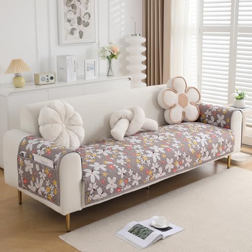 Image of HOKIPO 'HomeHues Series' Printed Quilted Sofa Seat Mat for 2 Seater Sofa with 2 Armrest Covers with Pockets, Pastel Brown Sandwort Flower (IN-807-D1 + IN-814-D1*2)
