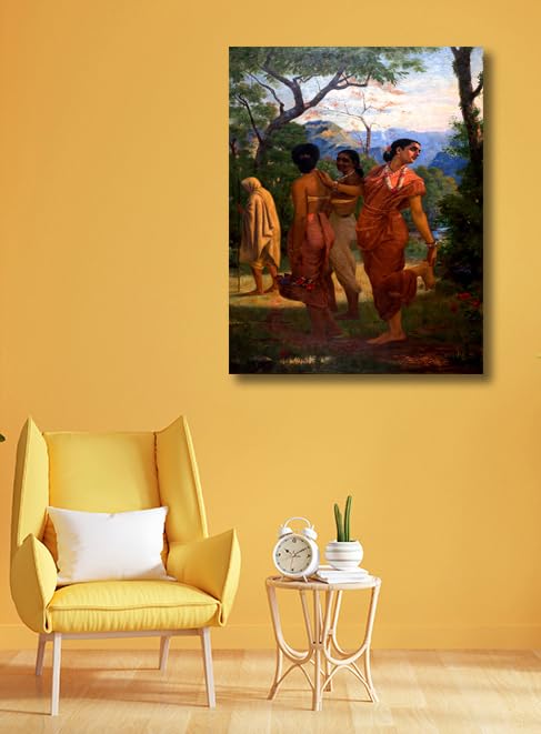 Image of Sikhash Classic Famous Indian Art /Shakuntala Love Art, Unframed Oil Painting on Cotton Canvas, Multicolor, 35x26 inches, Living Room Wall Decor