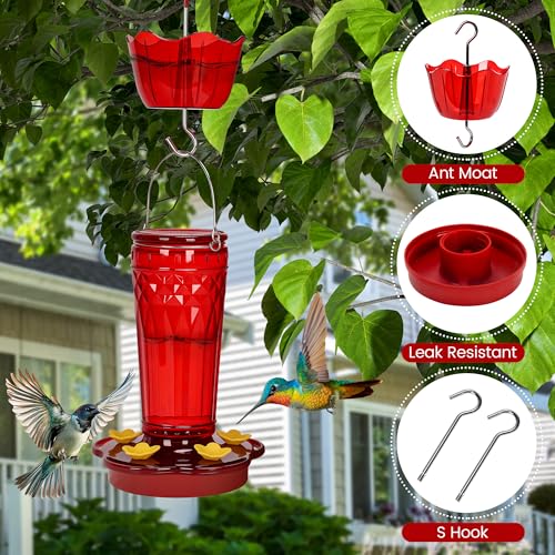 Image of 2 Pack Glass Hummingbird feeders for Outdoors 14Ounces，5 Feeding Ports Hummingbird Feeder,Wide Mouth for Easy Filling /Cleaning，Hanging for Garden Backyard Decor, Includes Ant Moat (Red，2Pack)