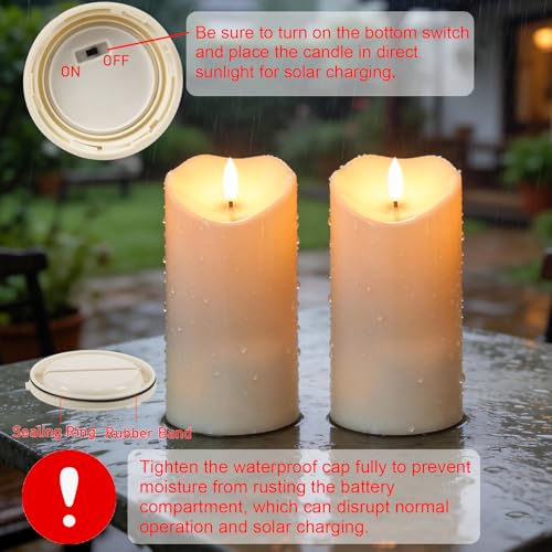 Image of Solar Candles Outdoor Waterproof, Flameless Flickering Pillar Candles 3 Pack 4 inch 5 inch 6 inch, IP65 Solar Powered Dusk to Dawn Sensor with 30+ Hours Long Lasting fo Patio Garden Yard Deck Decor
