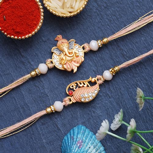 Image of eCraftIndia Set of 2 Lord Ganesha, Krishna Rakhis, Best Bro Ever Fridge Magnet with Roli Chawal Pack - Rakhis for Brother, Bhabhi, Kids