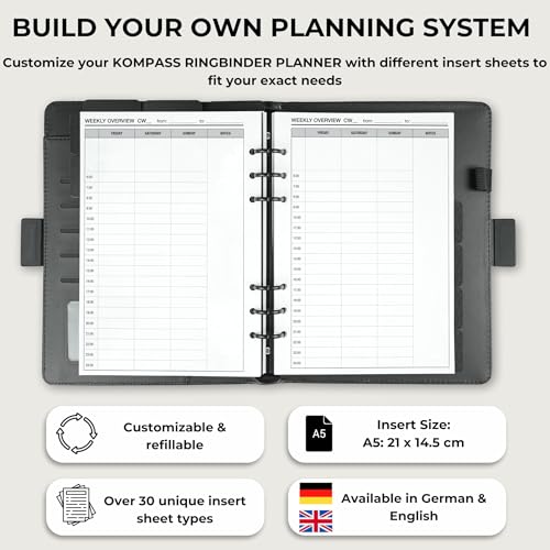 KOMPASS® Daily Planner - Timeboxing | A5 Planner Inserts | 30 Sheets for Structured Daily Planning with Time Blocking | More Productivity & Focus | Bullet Journal & To Do Refill Sheets