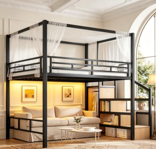 Image of Bellemave Queen loft Bed with Storage Stairs, Wardrobe, LED,Canopy Support Pole, Metal Loft Bed Frame for Adults, Kids, Teens, Canopy can be Disassembled, Black+Natural Wood