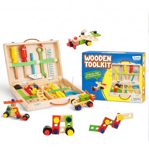 Image of WUDLY Wooden Tool Box Set for Kids | Montessori Construction & Building Toy with Tools, Nuts & Bolts | Pretend Play DIY Kit | Educational Gift for Boys & Girls (3+ Years)