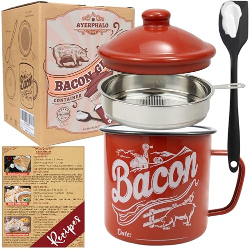Comparison: Best Bacon Grease Container 4 Ayerphalo Bacon Grease Container with Strainer - With Food-Grade Silicone Spatula, 46oz Large Enamel Rustic Farmhouse Fat Container, Keeper, Recipes, Dishwasher Safe