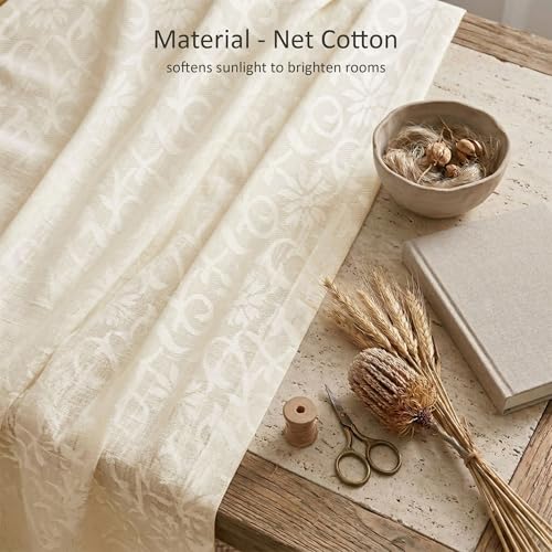 Image of Kuber Industries 4 Pcs Net Cotton 7 Feet Door Curtain Vine Designfor Home Decor | Semi Sheer Grommet Curtains for Living Room /Bedroom | RC317 - Delhi Cream