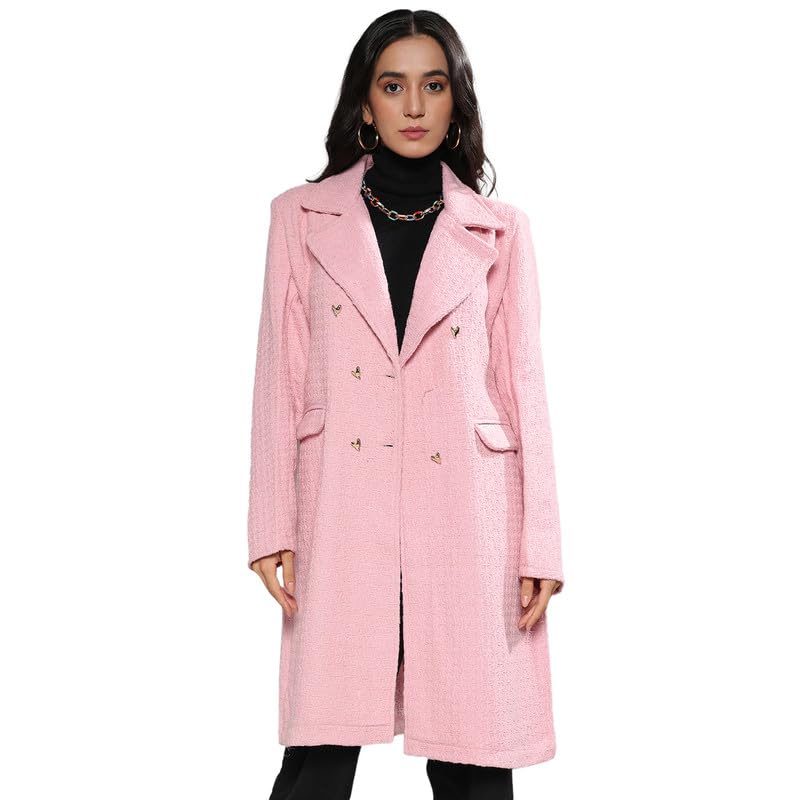 pinacolada Women's Polyester Blush Pink Double-Breasted Self-Design Long Coat For Casual Wear | Lapel Collar |Button Closure |Long Coat Crafted With Comfort Fit For Everyday Wear(XL)-picture-19