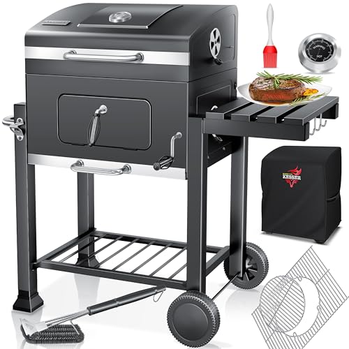KESSER® Grill Chariot XL Barbecue au charbon de bois avec couvercle, roues, poignée en acier inoxydable, grille, brosse, housse et thermomètre Barbecue au...
