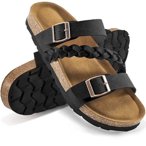 HARENCE Womens Flat Slides Sandals: Comfort Cork Footbed Slip On Slide Shoes Adjustable Buckle Open Toe Summer Outdoor Beach Sandal