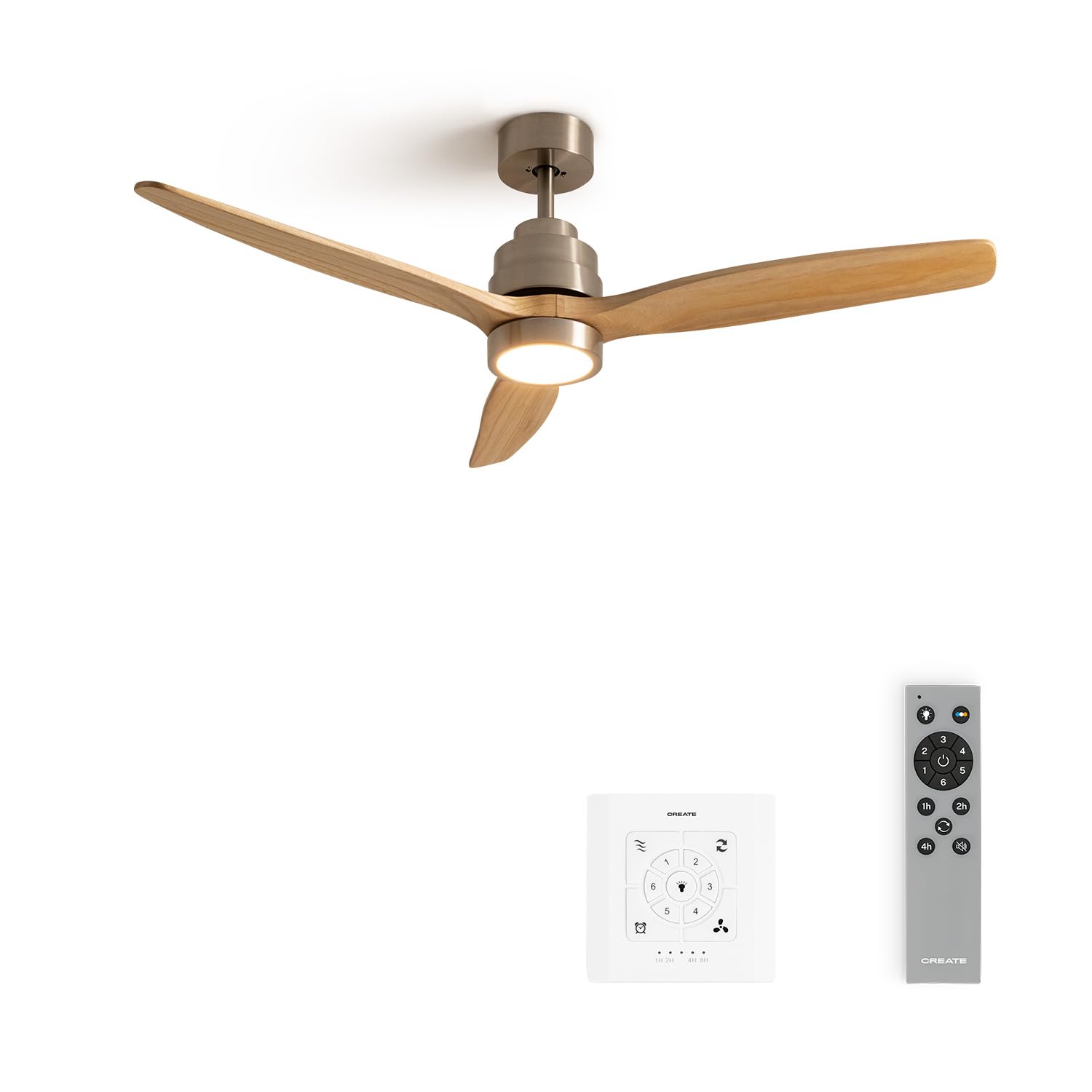 CREATE / WINDSTYLANCE/Ceiling fan with light nickel natural wood blades with controller and control/40W, silent, Ø132 cm, 6 speeds, timer, summer-winter, double height