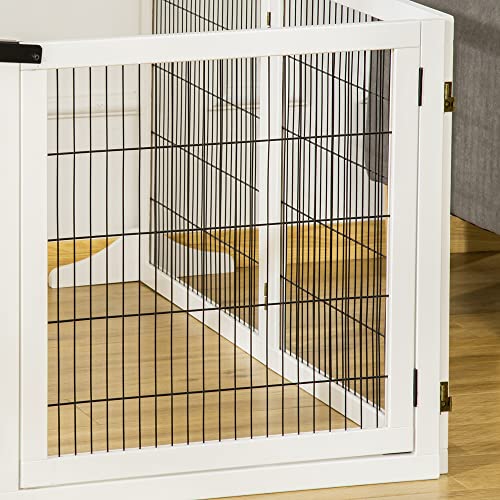 PawHut Absperrgitter Hund Verstellbares Freistehendes Schutzgitter mit Füßen 70H x 432B cm Holz Hundegitter Klappbar Treppenschutzgitter für Treppen, Türen, Flur, Küche, 6 Paneelen, Weiß