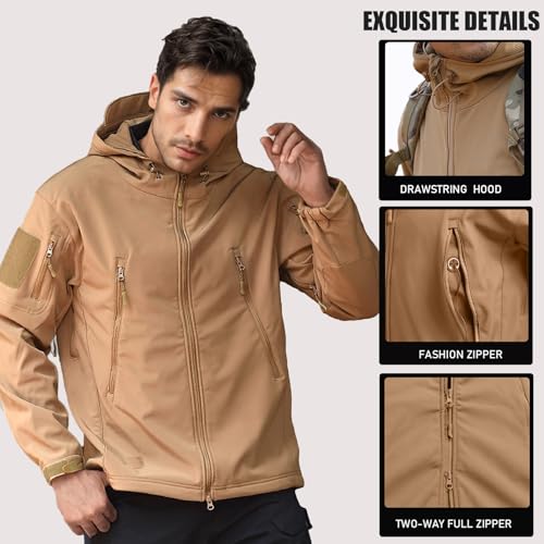 Image of Men's Tactical Fleece Lined Jacket Softshell Military Hooded 7 Pockets Windproof Outdoor Work Rain Coats Khaki M