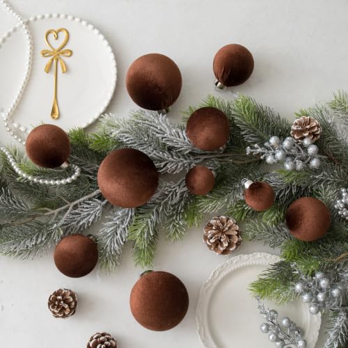 Velvet Christmas Ball Ornaments - 30pcs Flocked Christmas Ornaments Set Shatterproof Classic Hanging Xmas Tree Decorations with Rope for Wreath Holiday Home Decor (Brown) - image 3
