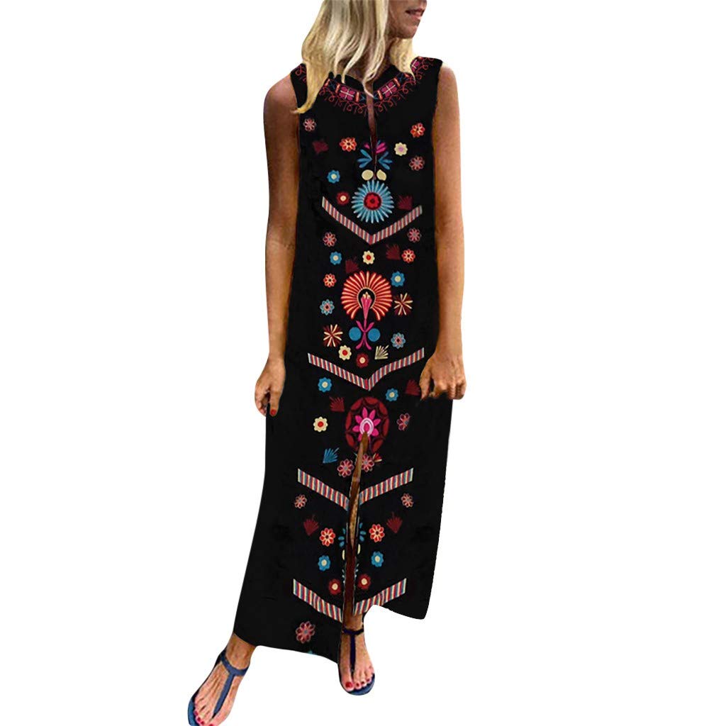 Beautyfine Long Dress,Women’s Maxi Dress Casual Printed Sleeveless V-Neck Hem Baggy Kaftan Dresses