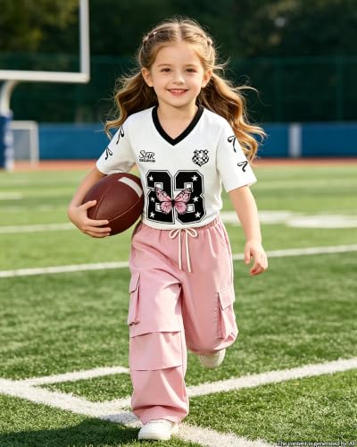 Image of Betusline Girls 2 Piece Summer Outfits,Kids Casual Short Sleeve Crop Top & Cargo Jogger Pants Sets,4T-14Y