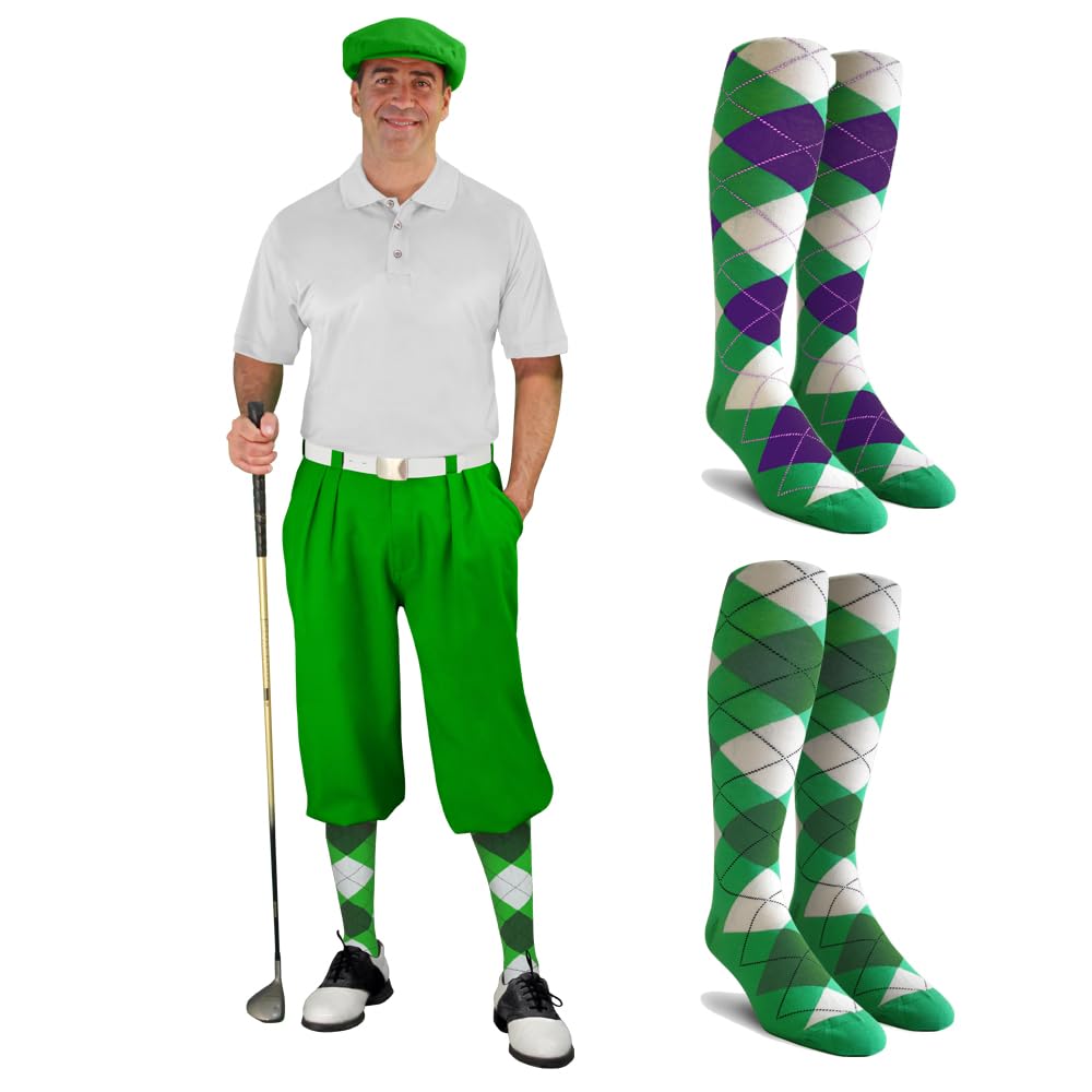 Mens Multi Style Lime Golf Outfit - Matching Knickers and Cap - Two Over-The-Calf Golf Socks - Size 56