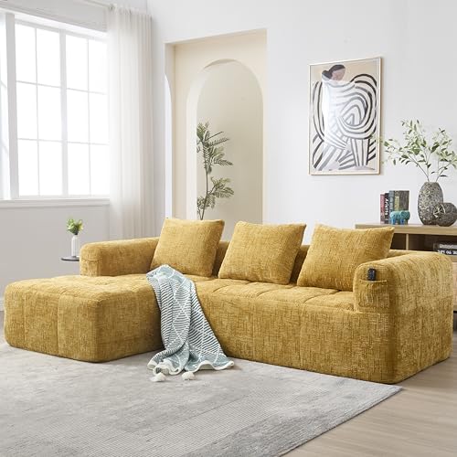 Yihomfy 250cm Canapé d'angle Convertible,Canapé-lit d'angle modulable en Forme de L,Canape Compressé,Canapé 3 Places Modulable avec Coussins, Poche...