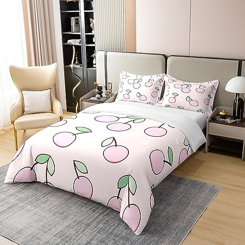 Homewish Pink Cherry 100% Cotton Duvet Cover Single,Kawaii Summer Tropical Fruits Bedding Set,Cartoon Cute Cherries Comforter Cover,Farmhouse Rustic Bed Sets with 1 Pillowcase Bedroom Decor Soft - Image 3