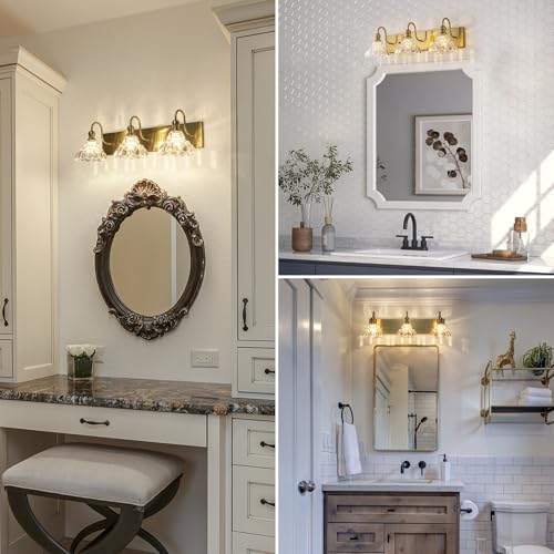 Image of EDISLIVE Vintage Vanity Light for Bathroom Gold 3-Light Bath Wall Light Fixture with Clear Flower Glass Shades 26.38 inch E12 Antique Wall Sconce for Bedroom Hallway Living Room Vanity Mirror