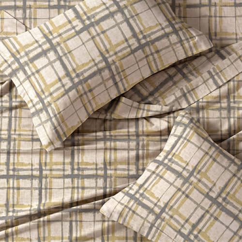 Image of LANE LINEN Symphony | 100% Cotton Sheet Set | Soft & Breathable Fabric | 3 Piece (1 Bedsheet + 2 Pillow Covers) | Double Bed Sheet Set - Yellow & Grey Linear Grid