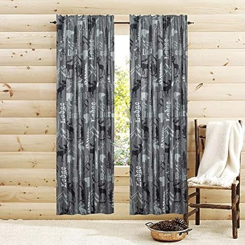 Beatrice Home Fashions Home Sweet Home Rustic Mountain Lodge Window Curtains 2-Panel Pair Set with Rod Pocket, Cabin Woods Moose Bear, Each Panel Measures 54" W x 84" L, Black and Grey Cover