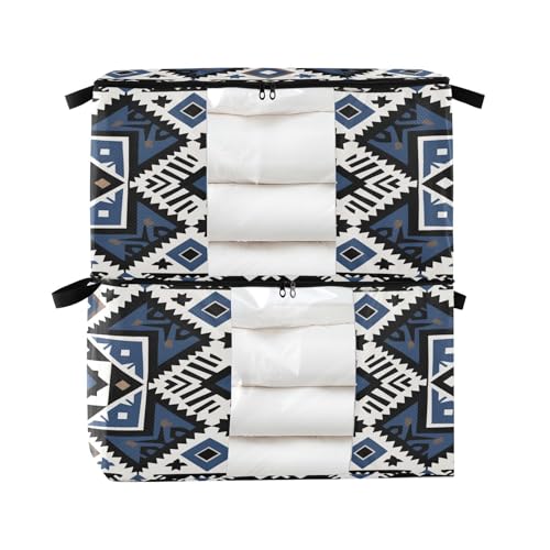 Paquete de 2 almacenamiento de zapatos para debajo de la cama, apilables, estilo étnico, patrón abstracto, color azul marino, plegable, para decoración de vacaciones, organizador de ropa, M