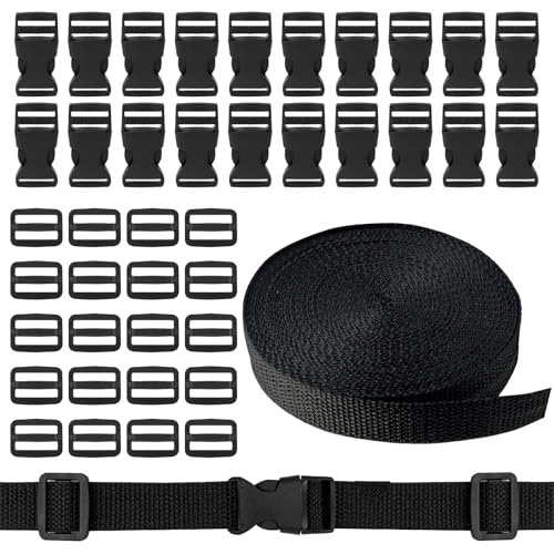 Correa de nailon de 10 m con 20 pares de hebillas, correas de nailon negro de 20 mm con hebilla de liberación rápida para mochila, correa de equipaje, collar de perro
