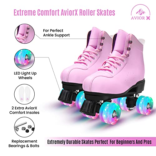 Aviorx Premium Roller Skates For Women & Everyone All Adult Men, And Womens, Girls, And Kids Indoor & Outdoor High Top Luxurious Retro Roller Skate For Womens/Unisex With Extras (8, Pink) #TOP2