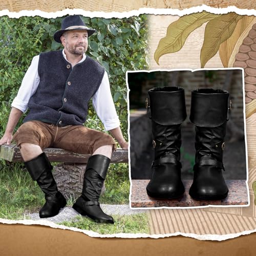 Image of Cuffbow Halloween Pirate Costume Boots for Men Medieval Renaissance Steampunk Cosplay Boots Gothic Adult Button Leather Shoes
