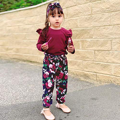 YALLET 3Pcs Toddler Girl Clothes Solid Color Long Sleeves Ruffle Top+Floral Pants+Headband 1-6 Years Fall/Winter Outfits Set2