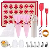Silicone Macaron Baking Mat Kit - (30 in 1) Macaroon Baking Mat Heart Set,2 Half Sheet Macaron Silicone Mat,1 Egg Separator,1 Pastry Brush,1 Spatula,6 Frosting Tips,12 Piping Bags