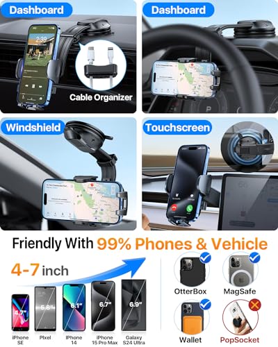 Image of HTU Upgraded Strongest Suction Car Phone Holder Bendable Arm, Never Block View Rotatable Cellphone Mount for Dashboard Windshield Vent, Cradle Stand for iPhone 17 16 15 14 13 12 Pro Max (Rose Purple)
